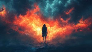 Silhouette Wallpaper: Woman, Fire Sky, and Cosmic Scene for Desktop