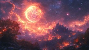 Fantasy Castle Wallpaper, Orange Sun, Starry Sky, 4K Wallpaper