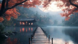 Zen Garden Wallpaper: Autumn Lake, Japanese Architecture, Misty Landscape