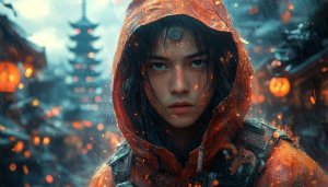 Cyberpunk Samurai Wallpaper HD, Asian Futuristic warrior, Red hood