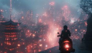 Cyberpunk Cityscape Motorcycle Rider Rain Anime Wallpaper Desktop Background