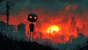 Apocalyptic Robot City Sunset Wallpaper for Desktop and Mobile