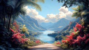 Tropical Paradise Wallpaper: Scenic Mountain Landscape with River View
