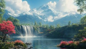 Mountain Waterfall Lake Wallpaper, Nature Landscape Scenic 4K Wallpaper