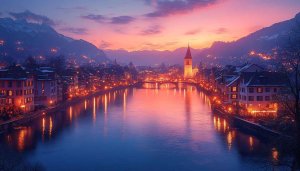 Cityscape Wallpaper: River, Sunset, Buildings, and Mountains View, 4K