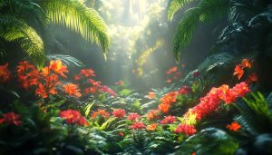Lush Tropical Jungle With Orange Flowers - 4K Desktop Wallpaper