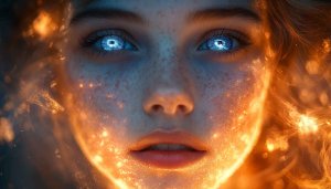 Glowing Eyes Fantasy Girl 4K Wallpaper - Fire Aura Background