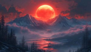 Red Moon Over Snowy Mountains 4K Desktop & Mobile Wallpaper