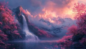 Pink Cherry Blossom Waterfall 4K Desktop Mobile Wallpaper Background