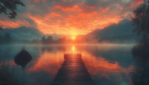 Fiery Sunset Lake Landscape 4K Desktop Background Mobile Wallpaper