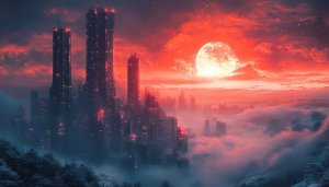 Cyberpunk City Red Moon 4K Desktop Background Mobile Wallpaper