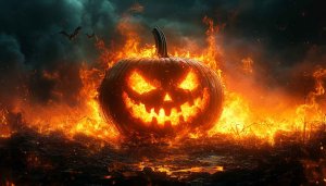 Burning Halloween Pumpkin 4K Desktop Background, Scary Mobile Wallpaper