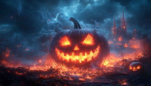 Spooky Halloween Pumpkin Castle 4K Desktop Wallpaper for Mobile