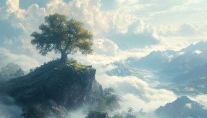 Fantasy Landscape Tree Mobile Wallpaper, Cloud Mountain 4K Desktop Background