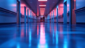 Neon Lit Hospital Hallway Mobile Wallpaper, Modern Futuristic Background