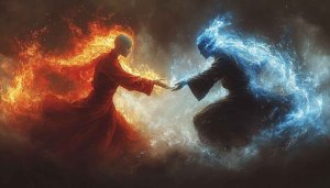 Fire and Water Monk Art Dualism 4K Desktop Wallpaper