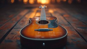 Acoustic Guitar Musical Instrument on Wood Background Wallpaper