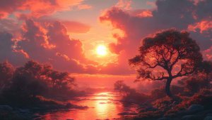 Fiery Sunset River 4K Wallpaper - Aesthetic Desktop Background