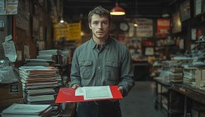 Organized Chaos Wallpaper: Man Holding Documents in Cluttered Vintage Office