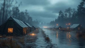 Dark Military Camp Wallpaper, Forest River Scenery, 4K Desktop Background