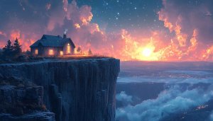 Cliffside Cabin at Sunset 4K Desktop Background, Mobile Wallpaper Free