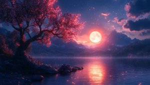 Full Moon Lake Night Cherry Blossom Free Desktop Wallpaper 4K