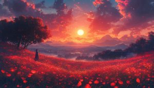 Red Flower Field Anime Landscape 4K Wallpaper Desktop Background