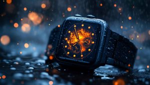 Rainy Smartwatch 4K Mobile Wallpaper with Orange Glowing UI Theme