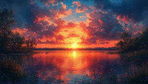Fiery Sunset Lake Reflections Free 4K Desktop Wallpaper Background