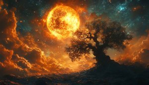 Fiery Sun Tree Landscape 4K Desktop Mobile Wallpaper