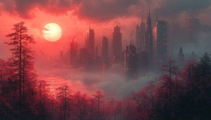 Red Cyberpunk Cityscape Desktop Background | Foggy Sunset Mobile Wallpaper