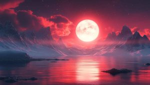 Blood Moon Over Lake Mountain Landscape 4K Desktop Background Wallpaper