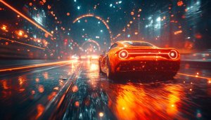 Neon Car Rain Cityscape 4K Desktop Background Mobile Wallpaper