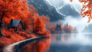 Autumn Lake Cabin Wallpaper: Red Forest Desktop 4K Background Images
