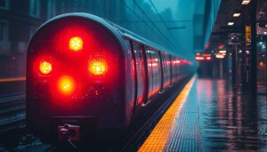 Train Station Platform Red Light 4K Desktop Mobile Wallpaper