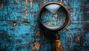 Magnifying Glass on Textured Blue Wood Free Desktop Wallpaper