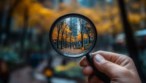 Autumn Cityscape Through Magnifying Glass Free Desktop Wallpaper 4K