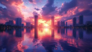 Cityscape at Sunset River Reflection 4K Desktop Mobile Wallpaper