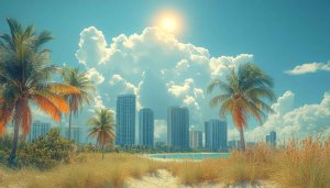 Sunny Beach City Palm Trees Mobile 4K Desktop Wallpaper