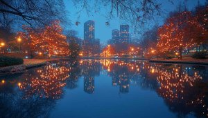Festive City Park Reflection 4K Desktop Wallpaper, Winter Night Background