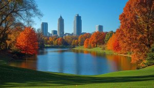 Atlanta Skyline Autumn Lake 4K Desktop Background Landscape Wallpaper