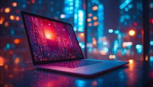 Laptop with Cyberpunk Cityscape Screen Mobile and Desktop Wallpaper