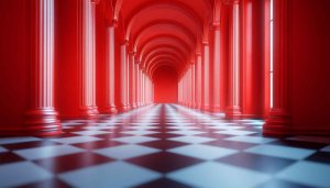 Red Archway Hallway 4K Desktop Background Aesthetic Art Wallpaper