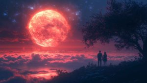 Romantic Couple Silhouette Under Red Moon 4K Desktop Background Wallpaper