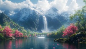 Snowy Mountain Waterfall Landscape Mobile Wallpaper, Pink Cherry Blossoms Scenery