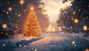 Christmas Tree in Snowy Forest 4K Desktop Mobile Wallpaper