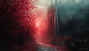 Eerie Forest Path with Gothic Architecture 4K Desktop Wallpaper
