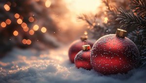 Red Christmas Balls Ornament Snow Scene Festive Background Wallpaper