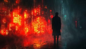Cyberpunk Rainy Night Wallpaper 4K - Silhouette Sci-Fi Cityscape Backdrop