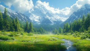 Snowy Mountain Meadow Landscape 4K Desktop Background Wallpaper
